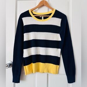 Bass Striped Navy White & Yellow Crewneck Sweater Nautical Preppy Rugby Size M